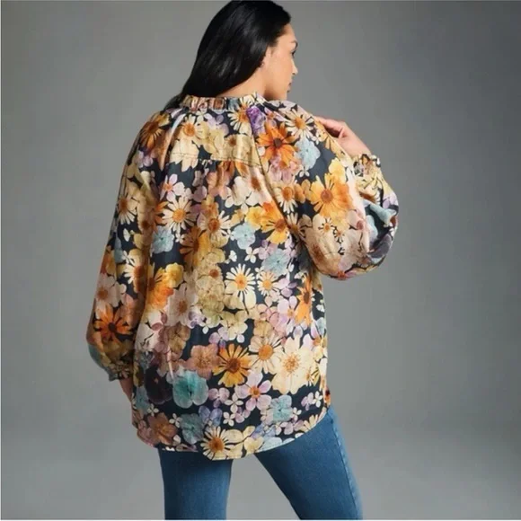 ANTHROPOLOGIE Maeve Moxy Collective Blouse Button Up Watercolor Floral Linen 1X - Picture 3 of 13